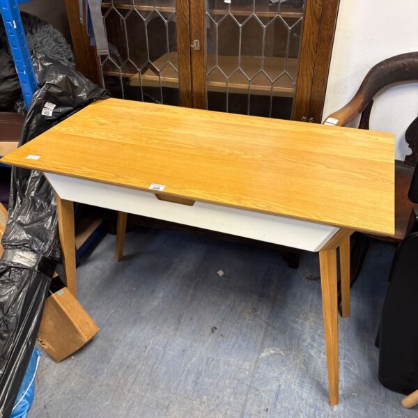 John Lewis wooden desk with light top, white drawer front and tapered legs