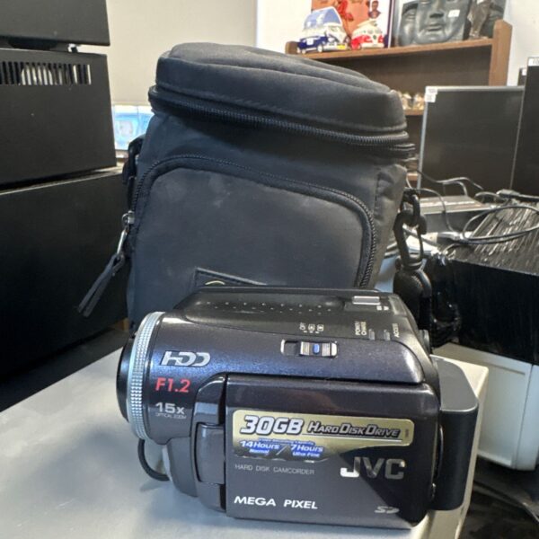 JVC hard disk camcorder with 30GB drive and dark carry case