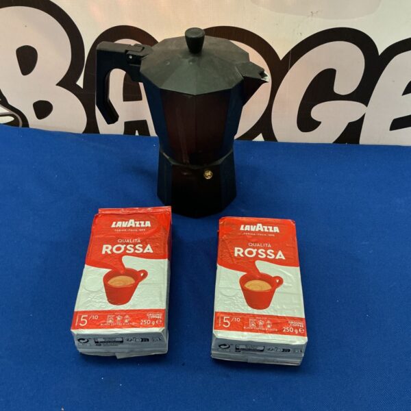 Vintage Kapimex coffee pot with Lavazza coffee packaging.