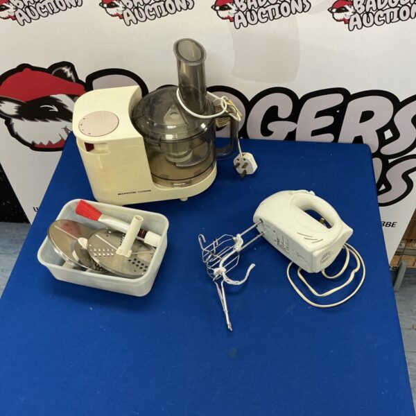 Kenwood Cuisine mixer with various attachments for versatile kitchen use.