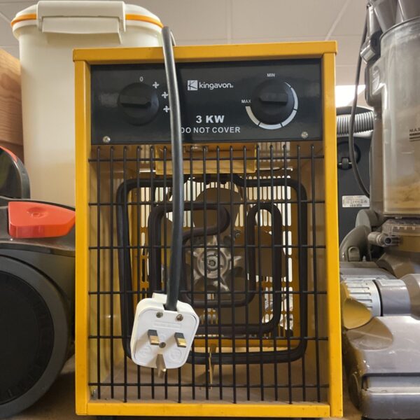 Yellow Kingavon 3kW industrial fan heater with wire guard and dials