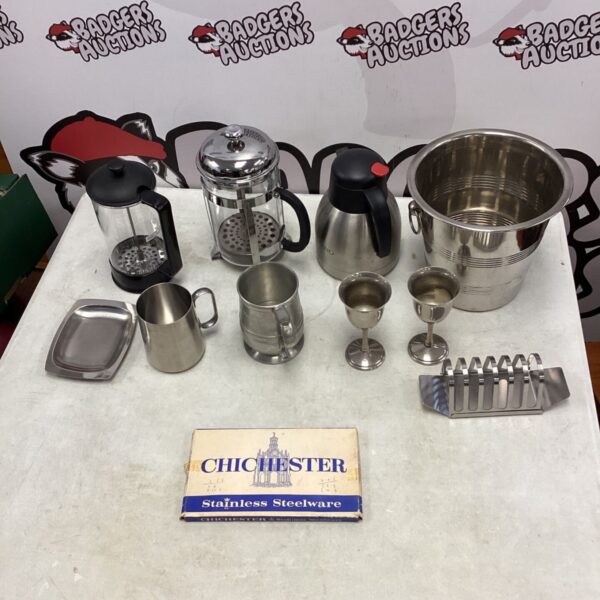 Mixed kitchen items lot with stainless steel bucket, French press pots and pewter tankard