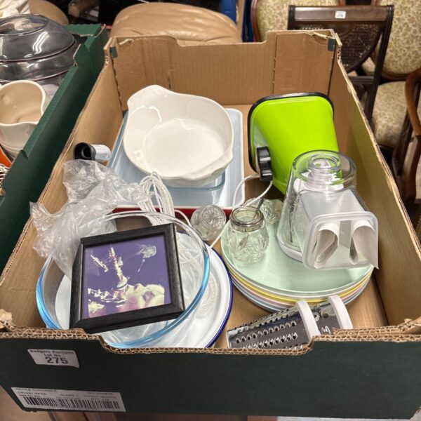 Mixed kitchenware lot including glassware and a vintage food shredder.