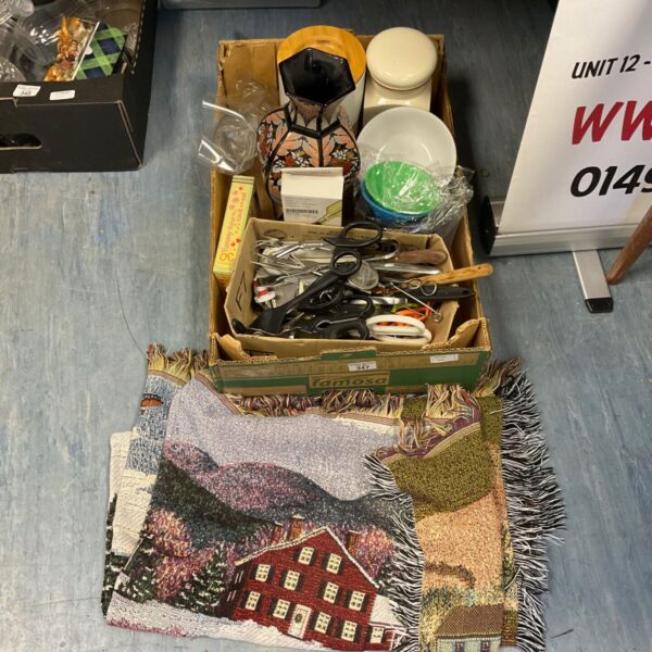 Mixed kitchenware lot with scissors and various utensils.