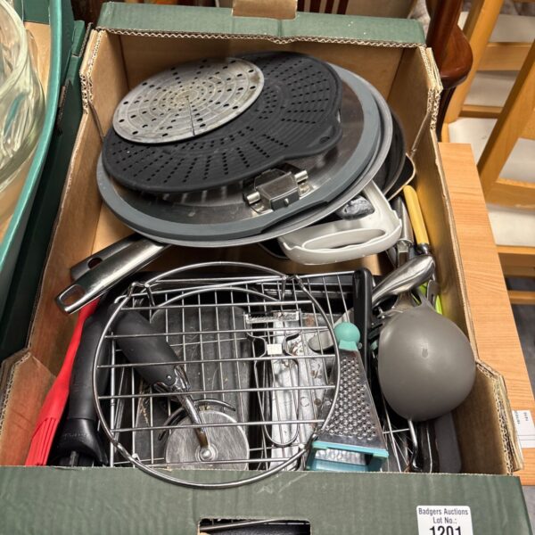 Mixed lot of stainless steel kitchenware including pans and steamer.
