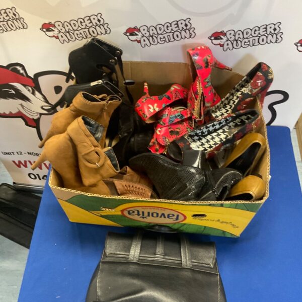 Ladies shoes and boots lot with handbag, vintage fashion collection.
