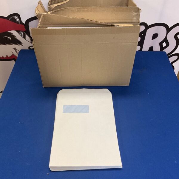 Two boxes of large window envelopes for mailing and office use.