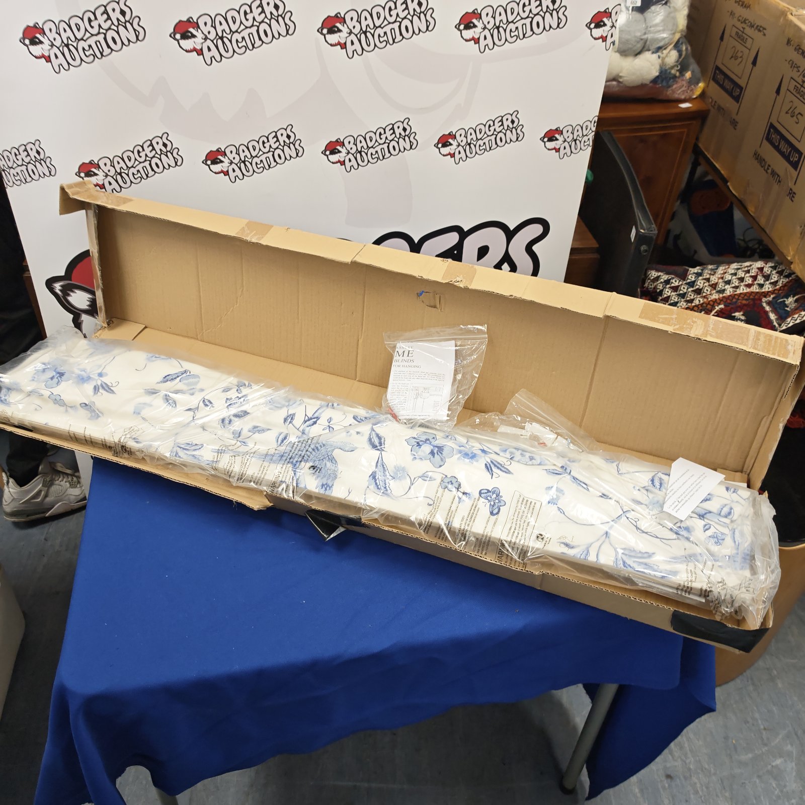 Laura Ashley hanging blinds in blue and white floral design, boxed and unused