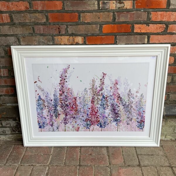 Large framed lavender wall art with crystal floral details.