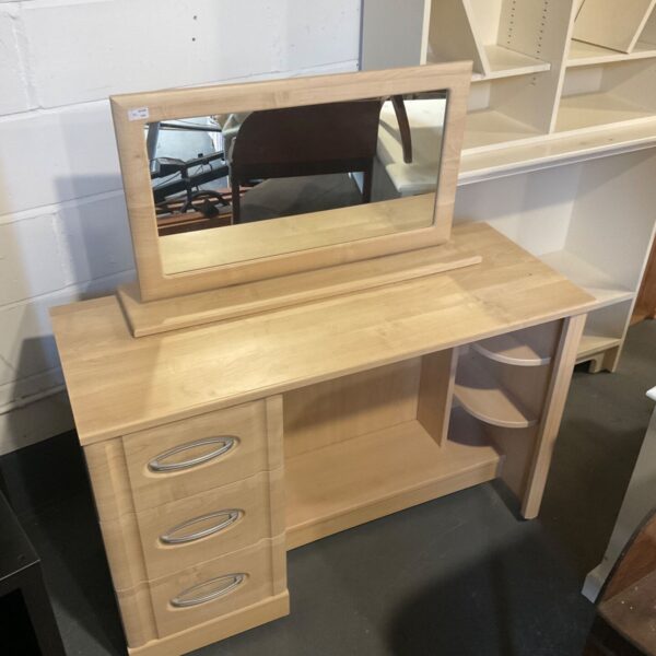 Light wood dressing table with mirror and three drawers