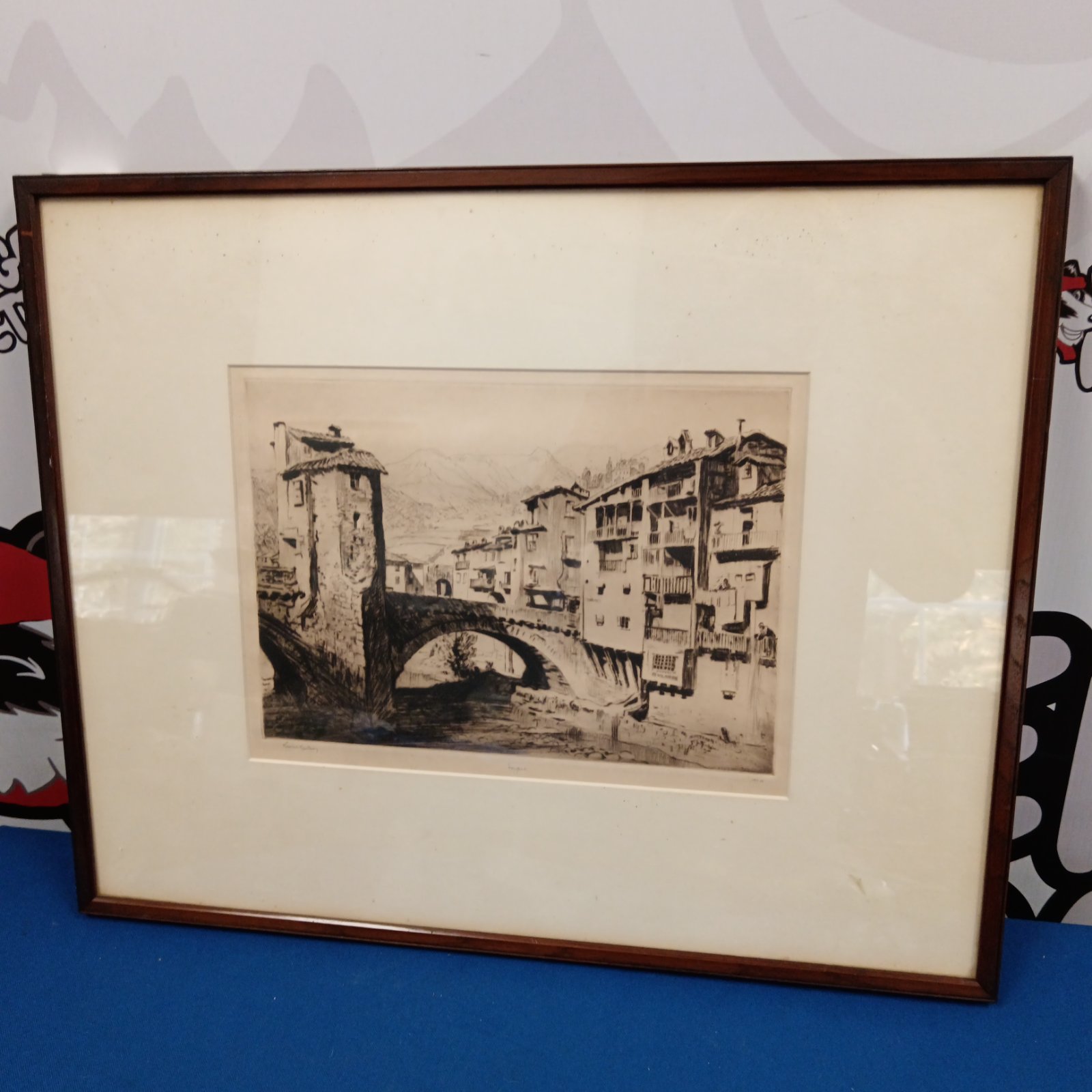Vintage Lionel Lindsay drypoint print of Sospel, France.
