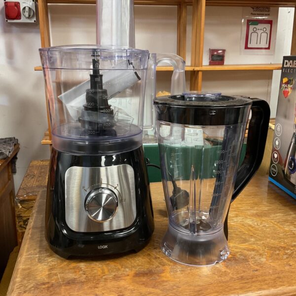 Black Logik food processor with stainless steel front panel and clear bowl