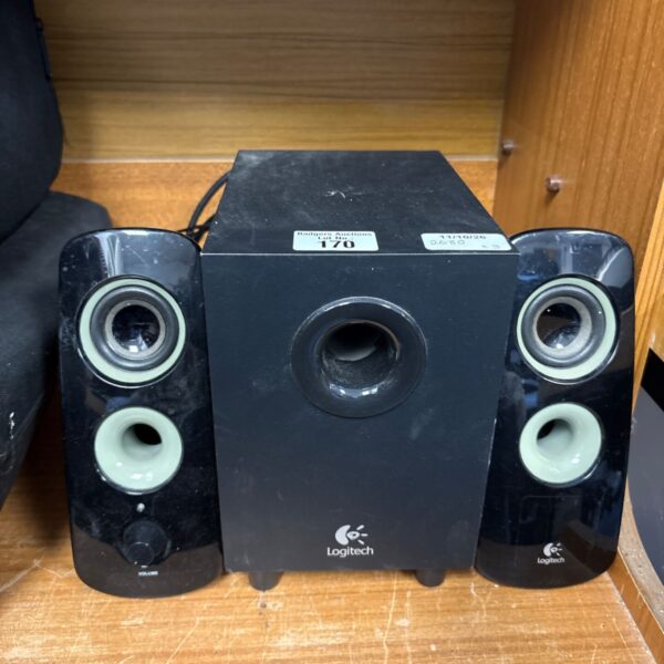 Black Logitech Z323 2.1 speaker system for computer audio.