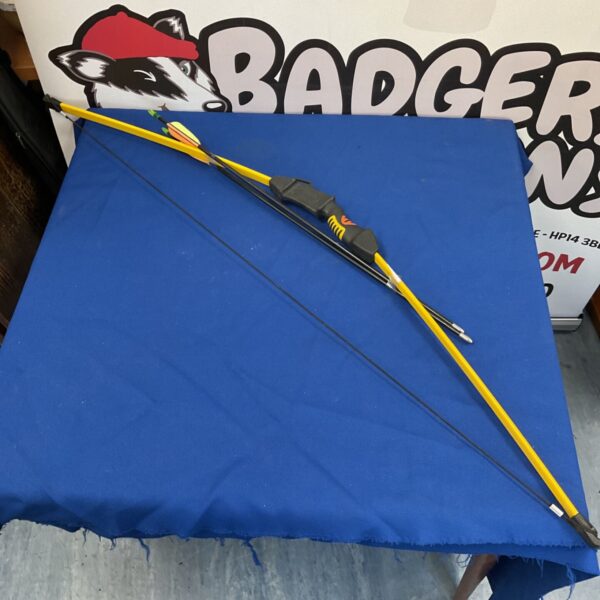 Longbow and arrow set for archery, showing a traditional bow.