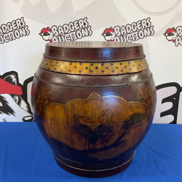 Antique chinese rice barrel featuring hand painted gilt bird designs