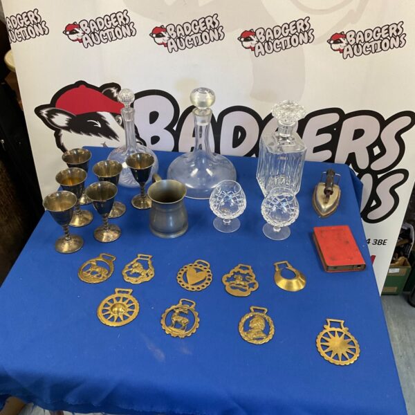 Mixed items inc Horse brasses and ships decanter