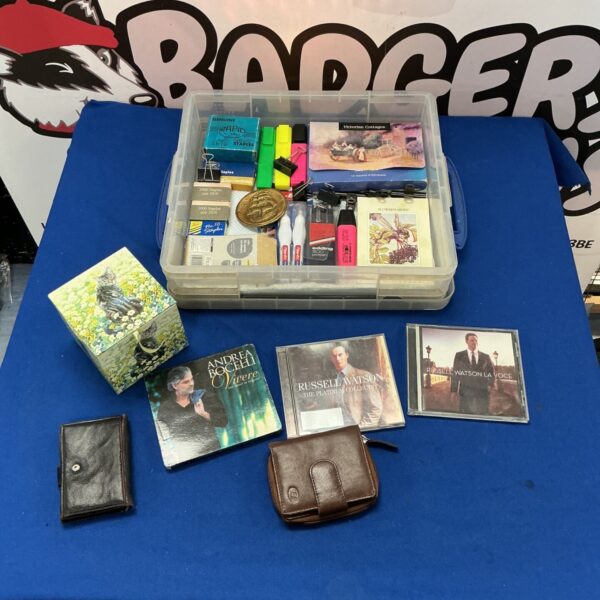 Box of assorted stationary and some CDs incl. Russell Watson