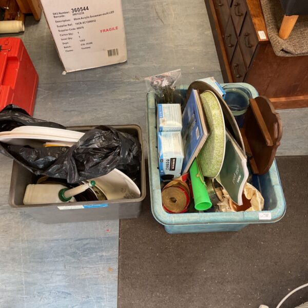 Boxes of mixed items inc face masks and glass plates