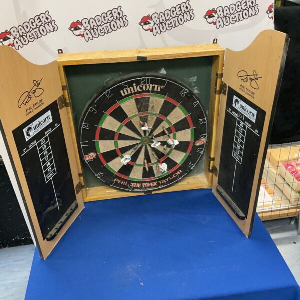 Phil Taylor Unicorn Dartboard Cabinet with dart board and assortment of darts