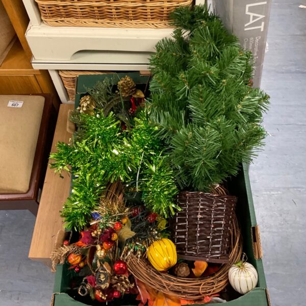 Box of Christmas decorations inc lights
