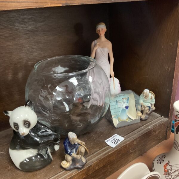 Glass globe bowl with porcelain figurines, Japanese mud men & ceramic Panda