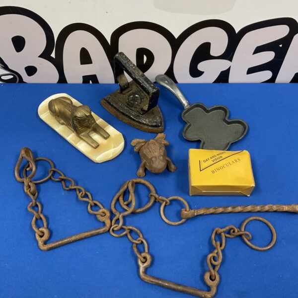 Selection of mixed items to include cast iron frog, Egyptian sphinx & flat iron