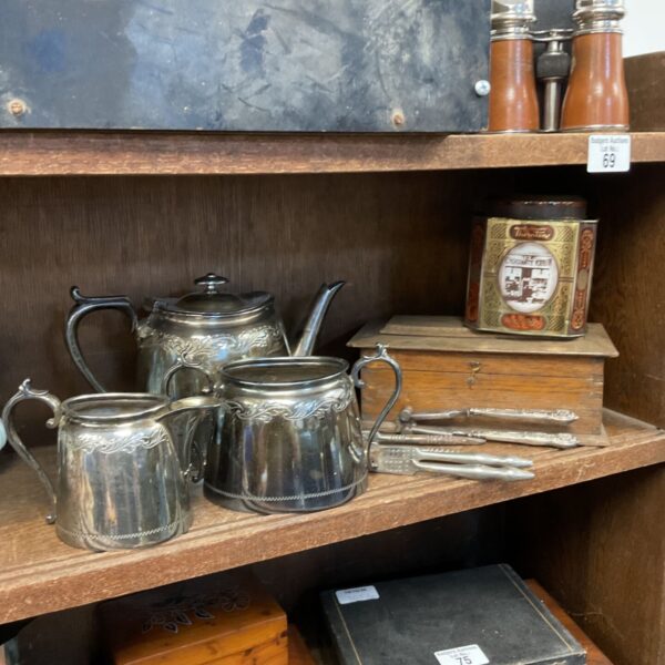 Selection of silver plate, nut crackers & wooden cigarette box