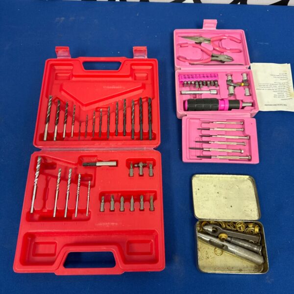 Box of drill bits with miniature tool kit & eyelet punch set