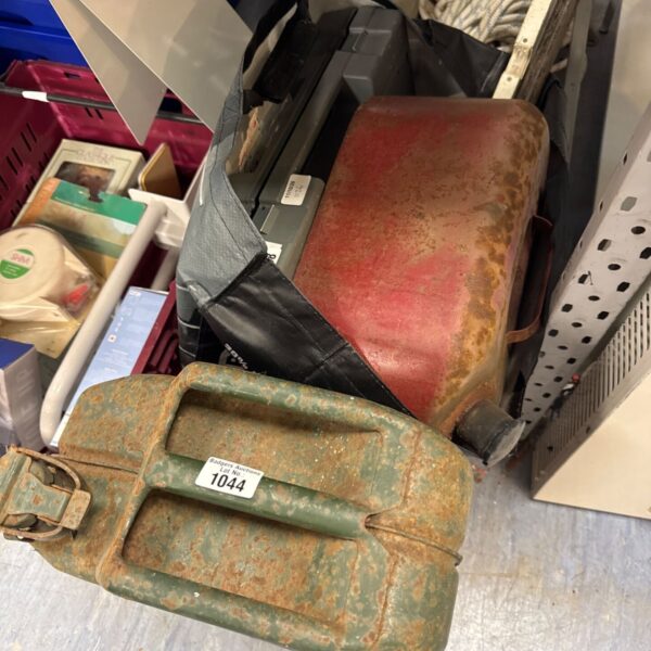 Selection of garage clearance tools inc large rabone artisan 2 spirit level, garden edging tool & others with two fuel cans