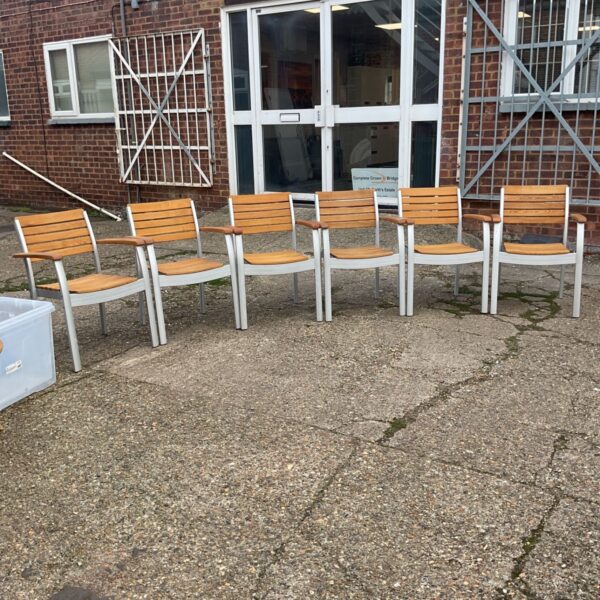 wood-slat outdoor dining armchairs x6
