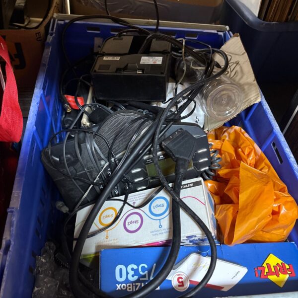 Crate of mixed electricals Inc tyre pump, cabling and more