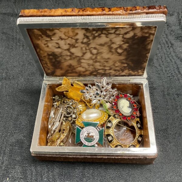 Alabaster box of costume jewellery brooches