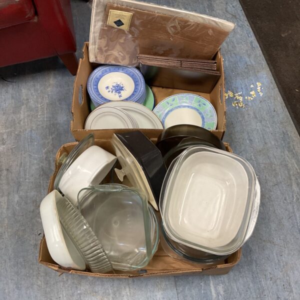 Two boxes of plates & cooking dishes, including Pyrex