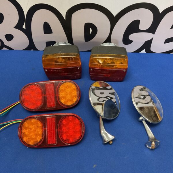 Box of classic car mirrors & indicator lights