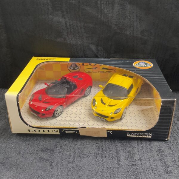 Boxed Lotus Elise limited edition twin pack with red and yellow diecast models
