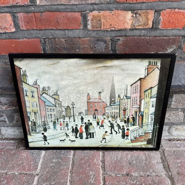 Vintage LS Lowry print of a Lancashire village with figures.