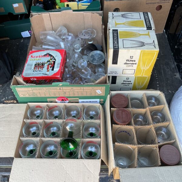 Vintage Luminarc glasses in boxes, a collection of French glassware.