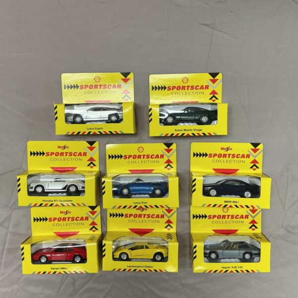 Eight boxed Maisto Shell Sportscar Collection diecast models in yellow display boxes