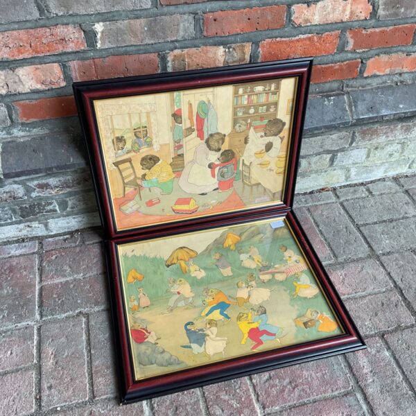 Vintage Margaret Ross children's prints depicting scenes of school and dancing.