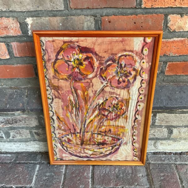 Framed 1960s Mary Bent batik painting of flowers in a pot, orange frame