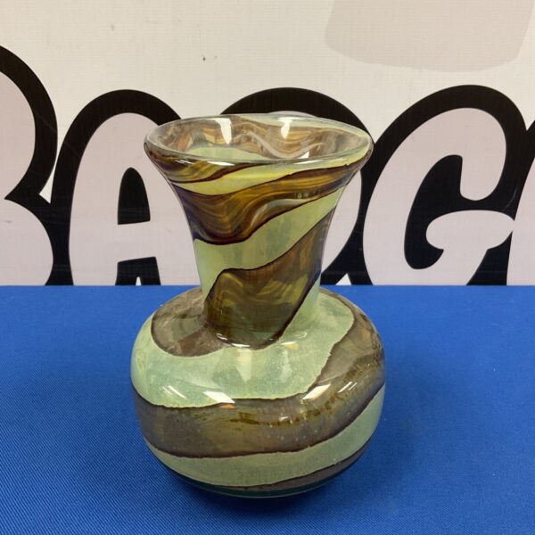Vintage Medina art glass vase with swirling brown and green patterns.
