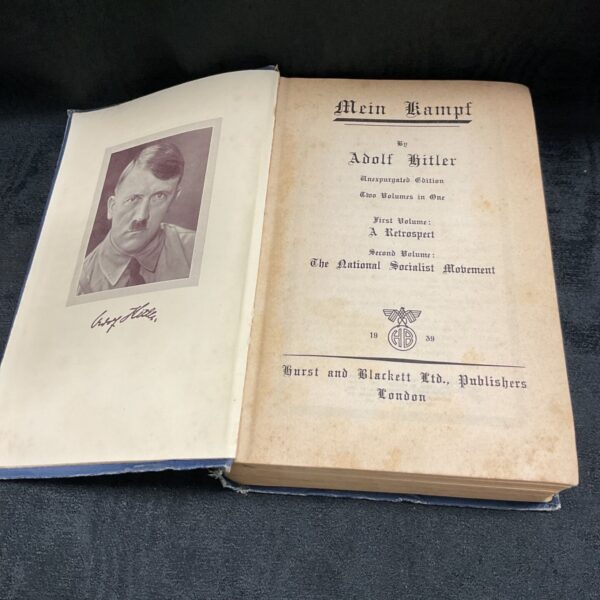1939 English edition of Adolf Hitler’s *Mein Kampf* book cover.
