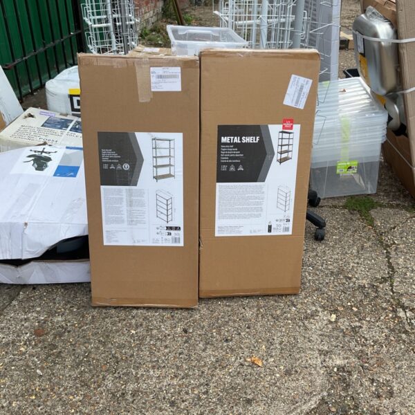 Two boxed metal shelving units for garage storage.