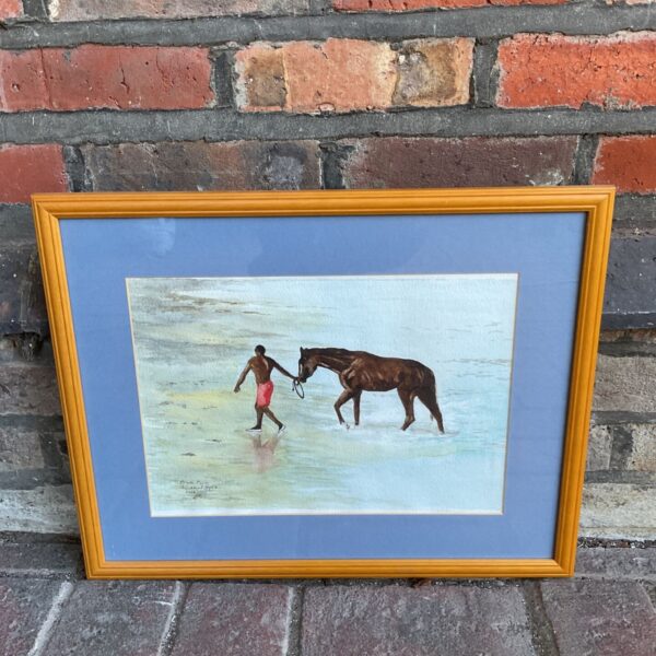 Original Michel Syson watercolour painting of a man leading a horse.