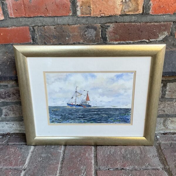 Original Michel Syson watercolour painting of a French trawler at sea.