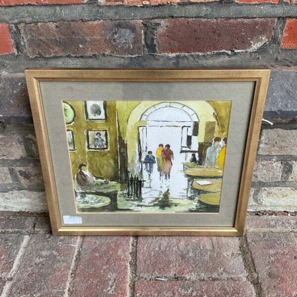 Framed Michel Syson watercolour painting of a morning coffee street scene.