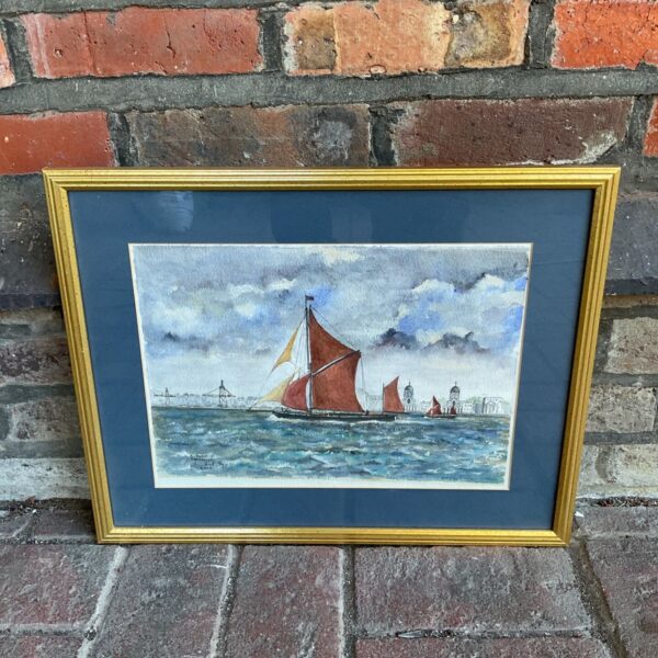Original Michel Syson watercolour painting of a Thames barge at Greenwich.