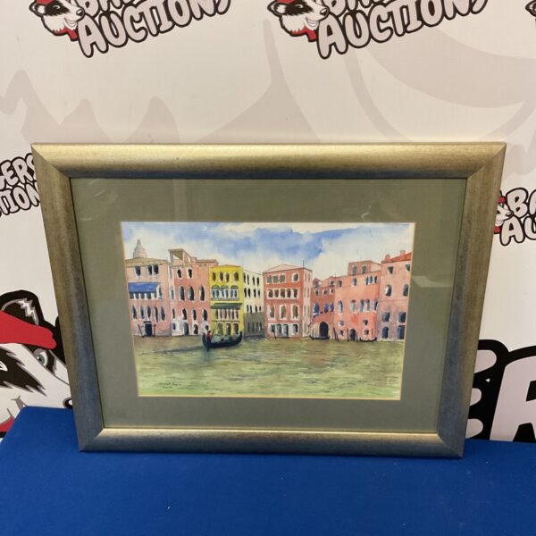 Framed Michel Syson watercolour painting of a Venice canal scene.