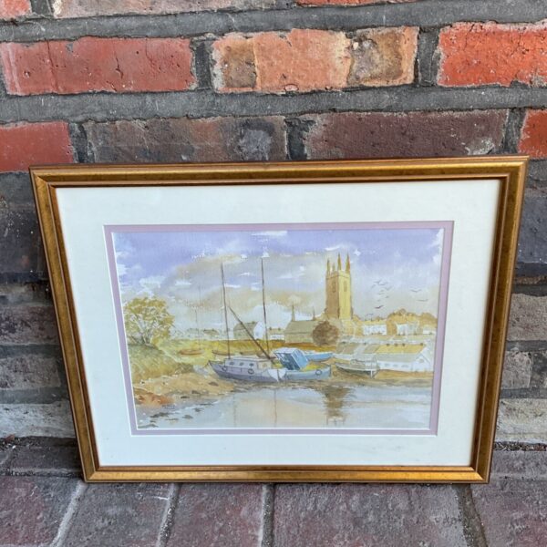 Original Michel Syson watercolour painting of fishing boats in a dock.