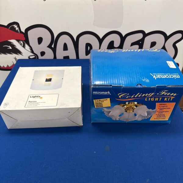 Micromark ceiling fan light kit and B&Q Rauma wall light packaging.